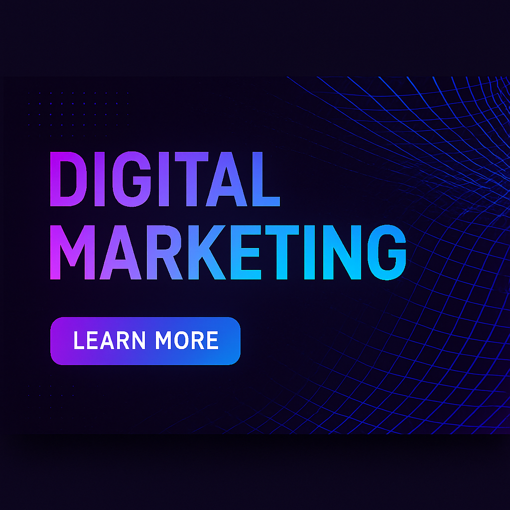 Digital marketing banner with violet and electric blue gradient design